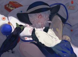  2girls bird black_bird black_hat bow cake cake_slice checkerboard_cookie cookie crow eyeball food frilled_shirt_collar frilled_sleeves frills green_bow green_skirt hat hat_ribbon komeiji_koishi mashi_(pixiv_zcjd2538) multiple_girls pillow plate reiuji_utsuho reiuji_utsuho_(bird) ribbon shirt skirt strawberry_shortcake third_eye thumbprint_cookie touhou white_hair wide_sleeves yellow_ribbon yellow_shirt 