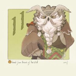 1boy braid braided_beard character_name commentary copyright_name english_commentary facial_hair green_background kaneli_(zelda) looking_at_viewer male_focus owl_boy rito solo the_legend_of_zelda the_legend_of_zelda:_breath_of_the_wild triforce yangyaozigo