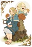  1girl backpack bag belt_pouch blonde_hair blue_capelet blue_hood blue_robe blush braid burger capelet closed_eyes crying dungeon_meshi eating elf food full_body green_eyes highres holding holding_food holding_staff long_hair long_sleeves looking_at_viewer marcille multiple_views open_mouth pointy_ears pouch robe sitting sitting_on_tree_stump smile staff tears tree_stump twin_braids zevania 
