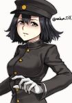  1girl akitsu_maru_(kancolle) akitsu_maru_kai_(kancolle) black_eyes black_hair breasts gakuran gloves grey_eyes hat highres kantai_collection looking_at_viewer maakun_(makun_dx) medium_breasts military military_uniform one-hour_drawing_challenge pale_skin parted_lips peaked_cap school_uniform short_hair simple_background solo twitter_username uniform upper_body white_background white_gloves 