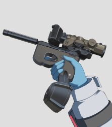  absurdres blue_gloves colphne_(girls'_frontline_2) commentary drum_magazine gar32 girls'_frontline_2:_exilium girls_frontline gloves gun handgun highres holding holding_gun holding_weapon magazine_(weapon) scope simple_background suppressor symbol-only_commentary taurus_curve trigger_discipline weapon weapon_focus white_background 