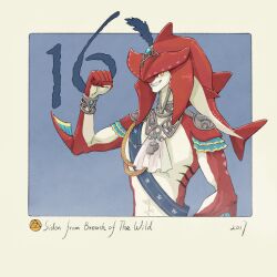  1boy blue_background character_name clenched_hand commentary copyright_name english_commentary fins fish_boy grin head_fins highres jewelry looking_at_viewer red_skirt shoulder_pads sidon skirt smile solo teeth the_legend_of_zelda the_legend_of_zelda:_breath_of_the_wild triforce yangyaozigo yellow_eyes zora 
