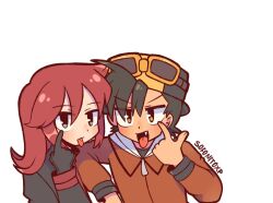  2boys baseball_cap black_gloves black_hair brown_eyes closed_mouth double-parted_bangs ethan_(pokemon) eyelid_pull gloves goggles goggles_on_head grey_eyes hat highres jacket long_sleeves looking_at_viewer multiple_boys pokemon pokemon_adventures pokemon_hgss red_hair red_jacket short_hair silver_(pokemon) simple_background sofo_soup tongue tongue_out white_background zipper zipper_pull_tab 