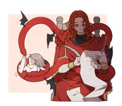  1boy 1girl aged_down animal baby brother_and_sister brown_hair chair cloak closed_mouth cowboy_shot donar0217 elden_ring elden_ring:_shadow_of_the_erdtree holding holding_paper holding_quill long_hair melina_(elden_ring) messmer_the_impaler mini_wings one_eye_closed paper quill red_cloak red_hair red_snake siblings sitting sleeping snake vambraces wings yellow_eyes 