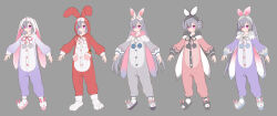  1girl animal_ears animal_hood animal_slippers black_bow bow bunny_slippers buttons commentary concept_art donut_hair_bun double_bun english_commentary ezu_(leejiyu) full_body grey_bow grey_hair hair_bun highres hood hood_down hood_up king&#039;s_raid lavril_(king&#039;s_raid) long_hair long_sleeves multiple_views official_alternate_costume official_art onesie pajamas pink_bow pom_pom_(clothes) purple_pajamas rabbit_ears rabbit_hood red_pajamas reference_sheet slippers twintails very_long_hair violet_eyes white_bow white_pajamas 