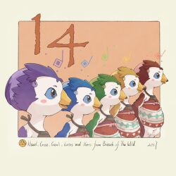 5girls beak bird_girl character_name commentary copyright_name cree_(zelda) english_commentary genli_(zelda) highres kheel_(zelda) kotts_(zelda) looking_to_the_side multiple_girls notts_(zelda) orange_background rito the_legend_of_zelda the_legend_of_zelda:_breath_of_the_wild triforce yangyaozigo