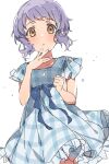  1girl :o blue_dress blue_ribbon blush checkered_clothes checkered_dress clenched_hand commentary_request cowboy_shot dot_nose dress frilled_dress frills hand_up highres idolmaster idolmaster_million_live! looking_at_viewer makabe_mizuki mochigome_(ununquadium) purple_hair ribbon short_hair short_sleeves sidelocks solo wavy_hair white_background wind yellow_eyes 