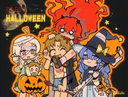  ahoge baby bandaged_head bandages biting biting_head bleeding blood cho_kooooo copyright_request demon_costume elf eris_greyrat halloween halloween_costume hat highres lucy_greyrat mage_staff pointy_ears pumpkin_costume roxy_migurdia rudeus_greyrat sweat sylphiette_(mushoku_tensei) wand witch_hat 
