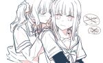  2girls archived_source bad_id bad_twitter_id blunt_bangs blush braid closed_eyes closed_mouth collared_shirt futaba_sana hair_ornament hair_scrunchie hand_on_another&#039;s_shoulder hatyo image_sample kamihama_university_affiliated_school_uniform layered_sleeves long_sleeves looking_at_viewer magia_record:_mahou_shoujo_madoka_magica_gaiden mahou_shoujo_madoka_magica medium_hair mizuna_girls&#039;_academy_school_uniform monochrome multiple_girls neck_ribbon ribbon sailor_collar sailor_shirt school_uniform scrunchie serafuku shirt shirt_under_shirt short_over_long_sleeves short_sleeves side_braids sidelocks sketch smile solo speech_bubble tamaki_iroha twintails twitter_sample wavy_hair white_background 