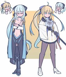  2girls aesc_(fate) aesc_(savior)_(fate) black_bow black_dress black_gloves blonde_hair blue_eyes blush bow braid closed_eyes dress dual_persona fate/grand_order fate_(series) full_body fur_trim gloves hair_between_eyes hair_bow half_up_braid highres ichigo_berry katana long_hair long_sleeves morgan_le_fay_(fate) morgan_le_fay_(second_ascension)_(fate) multiple_girls open_mouth ponytail smile standing sword very_long_hair weapon white_hair 