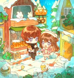  1boy 1girl :d bag baguette bai_yang_zi bakery beanie bear bear_hat bird black_jacket black_pants black_scarf blush_stickers bread brown_hair closed_mouth day duck food full_body hat highres holding holding_bag holding_hands jacket long_hair long_sleeves open_clothes open_jacket open_mouth original outdoors pants paper_bag pink_jacket pink_shoes pleated_skirt rabbit scarf shoes shop short_hair shovel skirt smile snow snowman socks standing tree violet_eyes white_hat white_shoes white_skirt white_socks winter 