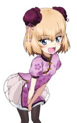  1girl ;d anime_coloring black_pantyhose blonde_hair blue_eyes blush breasts bun_cover china_dress chinese_clothes commentary double_bun dress fang floral_print floral_print_dress girls_und_panzer hair_bun katyusha_(girls_und_panzer) kayabakoro leaning_forward lolita_fashion looking_at_viewer mandarin_collar miniskirt one_eye_closed open_mouth pantyhose print_dress qi_lolita short_hair simple_background skirt skirt_tug small_breasts smile solo standing v_arms white_background 