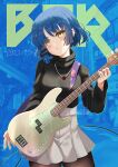  1girl black_shirt blue_background blue_hair bocchi_the_rock! breasts brown_pantyhose commentary_request electric_guitar grey_skirt guitar hair_ornament hairclip head_tilt highres holding holding_instrument instrument long_sleeves looking_at_viewer medium_breasts mole mole_under_eye pantyhose parted_lips pleated_skirt shirt skirt solo text_background turtleneck xephonia yamada_ryou yellow_eyes 