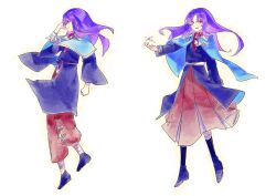  1other adapted_costume androgynous atom bandaged_leg bandages belt belt_buckle black_boots black_shoes blue_capelet blue_coat boots brown_hakama brown_pants buckle buttons capelet clause_(len&#039;en) closed_mouth coat collared_coat collared_shirt dress_shoes floating_clothes floating_hair from_side full_body hakama hakama_skirt hand_in_own_hair happy high_belt highres japanese_clothes len&#039;en long_hair long_sleeves necktie object_floating_above_hand open_mouth other_focus outline outstretched_hand pants parted_bangs pink_shirt pointy_nose purple_belt purple_hair re1re133 shirt shoes simple_background skirt smirk variations violet_eyes white_background white_belt white_necktie yellow_outline 