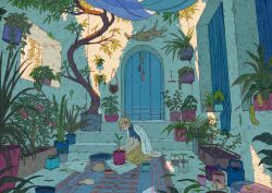  1girl absurdres antlers bag barefoot blonde_hair blue_shirt curtains dirt doorway english_commentary full_body garden highres horns ionomycin jar key kneeling long_skirt looking_at_object looking_down medium_hair moss original plant potted_plant rug shawl shirt skirt solo stairs stone_floor stone_stairs stone_wall sunlight tassel tree turtleneck turtleneck_shirt watering_can white_shawl window yellow_skirt 