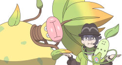  1boy absurdres asphyxiation black_hair black_hat chikorita closed_eyes closed_mouth colored_skin feiyang02 green_jacket hat highres jacket leaf mega_pokemon mega_victreebel open_clothes open_jacket paxton_(pokemon) pink_lips plant plant_monster pokemon pokemon_(creature) pokemon_legends:_z-a shirt short_hair simple_background smile strangling victreebel vines white_background white_shirt yellow_skin 
