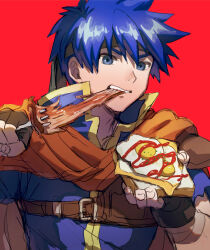  1boy blue_eyes blue_hair bread bread_slice cheese commentary_request eating fire_emblem fire_emblem:_path_of_radiance food fork fried_egg fried_egg_on_toast headband highres holding holding_food holding_fork ike_(fire_emblem) kometubu0712 male_focus red_background short_hair simple_background sliced_cheese solo toast upper_body 