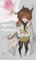  1girl agnes_tachyon_(umamusume) ahoge animal_ears arata_savage barcode black_necktie black_pantyhose black_shirt brown_hair character_name chemical_structure coat collared_shirt cover ear_ornament earrings fake_magazine_cover flower flower_request hair_between_eyes hem_peeking_out highres horse_ears horse_girl horse_tail huge_ahoge jewelry lab_coat long_hair long_sleeves looking_at_viewer magazine_cover necktie open_clothes open_coat open_mouth pantyhose pen red_eyes shirt shoes short_necktie single_earring smile solo standing sweater tail test_tube umamusume white_coat white_flower white_shoes wide_sleeves yellow_sweater 