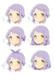  1girl alternate_hair_length alternate_hairstyle blush braid commentary_request dot_nose expressionless hair_ornament hair_ribbon hairclip highres idolmaster idolmaster_million_live! looking_at_viewer makabe_mizuki medium_hair mochigome_(ununquadium) multiple_views purple_hair ribbon short_hair short_ponytail sidelocks translation_request wavy_hair white_background yellow_eyes 