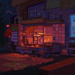  absurdly_detailed_composition air_conditioner air_duct animated animated_gif awning bamboo bamboo_forest blinking_lights bug complex_exterior condenser_unit cup drink drinking_straw flickering fly food forest highres kiosk nature night original pixel_art poster_(object) ramp restaurant scenery sidewalk vending_machine waneella 