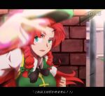  1girl black_bow black_bowtie bow bowtie braid breasts brick_wall clenched_hand commentary_request green_bow green_eyes green_headwear green_vest hair_bow hong_meiling large_breasts letterboxed long_hair looking_at_viewer motion_blur open_mouth parted_bangs redhead shirt solo touhou translation_request twin_braids upper_body vest white_shirt yocchi_(tenyunkel) 