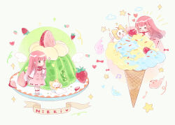  &gt;_&lt; +_+ 1girl :o ? ahoge animal argyle_clothes argyle_dress arms_behind_head artist_request banner bloom_poetry_(shining_nikki) blunt_bangs bow bowtie brown_eyes cat character_name cherry chibi chinese_commentary cloak closed_eyes clothed_animal commentary_request confused cross-laced_clothes cross-laced_dress dress dress_bow dress_ribbon ear_covers food food_bite fruit gelatin grey_background hand_on_own_cheek hand_on_own_face heart highres hood hood_up hooded_cloak ice_cream ice_cream_cone leaning_back light_blush long_hair long_sideburns long_sleeves medium_dress momo_(nikki) multiple_views musical_note nikki_(nikki) nikki_(series) official_art open_mouth oversized_food oversized_object parted_lips pinafore_dress pink_dress pink_hair plate red_bow red_bowtie red_ribbon ribbon second-party_source shining_nikki shirt sideburns sleeveless sleeveless_dress sleeves_past_wrists sparkling_eyes sprinkles standing star_(symbol) strawberry strawberry_slice tareme teeth traditional_bowtie turtleneck turtleneck_shirt upper_teeth_only very_long_hair wavy_hair whiskers white_cat white_shirt yellow_cloak 