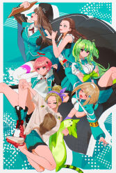  6+girls ahoge bangs_pinned_back beret blonde_hair braid breasts bridal_gauntlets brown_hair fish_hair_ornament green_eyes green_hair hair_between_eyes hair_bun hair_ornament hairband half_up_braid hat heaven_burns_red highres large_breasts long_hair multicolored_hair multiple_girls ooshima_ichiko ooshima_isuzu ooshima_minori ooshima_muua ooshima_niina ooshima_yotsuha pleated_skirt red_eyes red_hair sextuplets short_hair siblings sisters skirt sportswear streaked_hair stuffed_toy tanaka_kuronisi team_31e_(heaven_burns_red) two_side_up yellow_eyes 