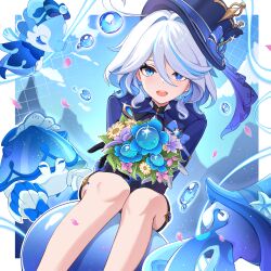  1girl 3others absurdres ahisazon ahoge aqua_hair blue_eyes blue_hat bouquet drop-shaped_pupils feet_out_of_frame fish flower furina_(genshin_impact) genshin_impact gentilhomme_usher hair_between_eyes hat hermit_crab heterochromia highres holding holding_bouquet long_sleeves looking_at_viewer mademoiselle_crabaletta medium_hair mismatched_pupils multicolored_hair multiple_others octopus open_mouth ouji_fashion seahorse sitting smile surintendante_chevalmarin symbol-shaped_pupils top_hat white_hair 