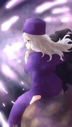  1boy 1girl black_hair breasts capelet coat dark-skinned_male dark_skin fate/stay_night fate_(series) hat heaven&#039;s_feel heracles_(fate) highres illyasviel_von_einzbern long_hair long_sleeves niwaikanai purple_capelet purple_coat purple_hat red_eyes scarf sidelocks small_breasts solo ushanka white_hair white_scarf 