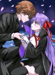  1boy 1girl bb_(fate) bb_(fate/extra) black_jacket black_skirt black_thighhighs blush brown_eyes brown_hair commentary eye_contact fate/extra fate/extra_ccc fate_(series) gakuran gloves hair_ribbon highres holding_hands jacket kishinami_hakuno_(male) long_hair looking_at_another neck_ribbon open_clothes open_jacket petals profile purple_hair red_ribbon ribbon school_uniform short_hair sitting skirt syst098 tears thigh-highs tsukumihara_academy_uniform_(fate/extra_ccc) very_long_hair violet_eyes white_gloves 