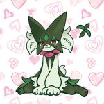  1girl :3 animal_feet animal_hands blush body_fur cat_girl closed_mouth commentary drooling flat_chest floating floating_object full_body furry furry_female green_fur green_hair happy heart heart_background light_blush looking_at_viewer meowscarada own_hands_together pink_background pokemon pokemon_(creature) red_eyes saliva short_hair sitting smile solo tail two-tone_fur v_arms wariza watamonya 