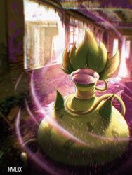  abandoned acid closed_mouth colored_skin full_body highres inanilux indoors leaf mega_pokemon mega_victreebel no_humans pink_lips plant plant_monster poison pokemon pokemon_(creature) pokemon_focus pokemon_legends:_z-a solo victreebel vines yellow_skin 