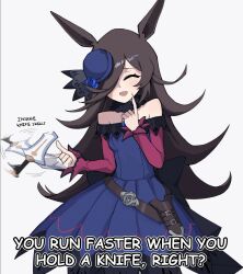  1girl ^_^ animal_ears blue_dress blue_flower blue_rose brown_hair closed_eyes dagger dress english_text feet_out_of_frame finger_to_face flipped_hair flower hair_over_one_eye hat hat_flower highres horse_ears horse_girl index_finger_raised knife knife_sheath light_blush long_hair meme off-shoulder_dress off_shoulder open_mouth pianobat rice_shower_(umamusume) rose sheath simple_background smile solo sweatdrop swept_bangs tilted_headwear umamusume very_long_hair weapon white_background 