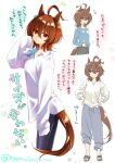  1girl agnes_tachyon_(umamusume) ahoge animal_ears black_pants blue_pants blue_shirt brown_hair chigyo commentary_request dress_shirt earrings hair_between_eyes hands_on_hips holding holding_test_tube horse_ears horse_girl horse_tail jewelry multiple_views pants pantyhose red_eyes shirt short_hair single_earring sleeves_past_wrists smile tail test_tube translation_request twitter_username umamusume wavy_mouth white_shirt 
