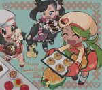  3girls :d alcremie alcremie_(strawberry_sweet) apple appletun apron baking_sheet blush bowl brown_footwear chef_hat chibi closed_eyes commentary_request dark-skinned_female dark_skin dated dawn_(palentine&#039;s_2021)_(pokemon) dress eyelashes food from_above fruit green_hair hair_ornament hairclip haraya hat hikari_(pokemon) holding holding_bowl kneehighs long_hair long_sleeves mallow_(palentine&#039;s_2023)_(pokemon) mallow_(pokemon) marnie_(palentine&#039;s_2022)_(pokemon) marnie_(pokemon) mawile multiple_girls official_alternate_costume open_mouth oven_mitts pokemon pokemon_(creature) pokemon_(game) pokemon_masters_ex shirt shoes sidelocks skirt smile socks standing twintails waist_apron whisk 