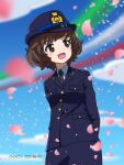  1girl akiyama_yukari arms_behind_back artist_name azzurra_(aeronautica_militare_italiana) azzurra_(aeronautica_militare_italiana)_(cosplay) black_necktie blue_headwear blue_jacket blue_shirt blue_skirt blue_sky blurry blurry_background brown_eyes brown_hair cherry_blossoms clouds cloudy_sky commentary contrail cosplay cowboy_shot dated day dress_shirt female_service_cap girls_und_panzer hat highres insignia italian_air_force jacket long_sleeves looking_to_the_side messy_hair military military_hat military_uniform naotosi necktie open_mouth original outdoors pencil_skirt petals shirt short_hair skirt sky smile solo standing uniform wind wing_collar 
