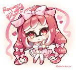  1girl :3 belt belt_buckle bow buckle chibi closed_mouth commentary_request commission domino_mask dress gloves hair_bow hand_up head_tilt heart heart-shaped_buckle highres inkling long_hair looking_at_viewer mask natsuki_marina pink_belt pink_bow pink_dress pointy_ears puffy_short_sleeves puffy_sleeves red_eyes redhead short_sleeves solo splatoon_(series) thank_you twitter_username very_long_hair white_gloves 