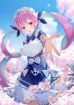  1girl absurdres anchor_symbol blue_bow blue_sky blurry blurry_background bow breasts cherry_blossoms clouds colored_inner_hair dress frilled_dress frills hair_bow highres hololive maid maid_headdress minato_aqua multicolored_hair open_mouth outstretched_hand purple_hair sky streaked_hair twintails two-tone_dress violet_eyes virtual_youtuber white_bow zen_(lemon_yellow) 