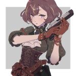 1girl anya_melfissa belt belt_pouch black_gemstone blonde_hair breasts brown_belt brown_gloves brown_hair collar commentary corset english_commentary frilled_collar frilled_sleeves frills futomoy gloves green_shirt grey_background gun handgun highres holding holding_gun holding_weapon hololive hololive_indonesia leather leather_gloves looking_at_viewer mixed-language_commentary multicolored_hair official_alternate_costume parted_lips pouch puffy_short_sleeves puffy_sleeves shirt short_hair short_sleeves simple_background small_breasts solo streaked_hair two-tone_hair underbust upper_body violet_eyes virtual_youtuber weapon 