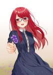  1girl absurdres arm_behind_back artist_name black-framed_eyewear blue_dress blush breasts buttons commentary dress english_commentary floating_hair flower glasses highres holding holding_flower long_sleeves looking_at_viewer medium_breasts open_mouth persona persona_5 persona_5_the_royal purple_flower reaching_towards_viewer red_eyes redhead smile solo swept_bangs yoshizawa_sumire yura_s_arts 