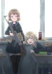  2girls absurdres against_wall ammunition_pouch artist_name assault_rifle bag bag_removed black_neckerchief black_serafuku black_skirt black_thighhighs blue_bag blue_sailor_collar blush book book_stack brown_hair chocolate classroom clenched_hands closed_mouth commentary cosmetics cuff_title day desk double-parted_bangs drink fanta feet_out_of_frame food gun hair_over_shoulder hair_tie highres holding holding_gun holding_weapon indoors light_brown_hair long_hair looking_at_viewer lying multiple_girls neckerchief nivea on_desk on_stomach open_mouth original parted_bangs pencil_case pink_eyes plastic_bottle pleated_skirt pouch product_placement rifle sailor_collar savankov scho-ka-kola school_bag school_desk school_uniform serafuku sheath short_hair skirt sling smile snack soda stg44 sweets tareme teeth thigh-highs upper_body upper_teeth_only weapon white_stripes window windowsill yellow_eyes 