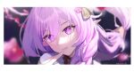 1girl absurdres artist_name bell blurry blurry_background elf elysia_(herrscher_of_human:ego)_(honkai_impact) elysia_(honkai_impact) finger_to_mouth fled hair_bell hair_ornament highres honkai_(series) honkai_impact_3rd long_hair looking_at_viewer pink_eyes pink_hair pink_lips pink_nails pointy_ears smile solo