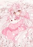  1girl :d absurdres animal animal_ear_fluff animal_ears animal_hug blurry blurry_background bow brown_eyes commentary_request depth_of_field flower fox_ears fox_girl fox_tail hair_between_eyes hair_bow head_tilt highres long_hair looking_at_viewer low_twintails original pink_bow pink_hair rabbit smile solo tail tandohark twintails very_long_hair white_flower 