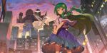 1girl ahoge blue_skirt building city clouds detached_sleeves dusk floating_hair frog_hair_ornament gohei green_eyes green_hair hair_ornament hair_tubes highres hisou_tensoku holding holding_gohei kochiya_sanae lamppost long_hair looking_at_viewer mecha non-web_source official_art outdoors red_ribbon ribbon robot second-party_source shirt single_sidelock skirt sky skyscraper sleeveless sleeveless_shirt snake snake_hair_ornament tomioka_jirou touhou touhou_lost_word very_long_hair white_shirt white_sleeves wide_sleeves 