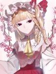  1girl ascot blonde_hair blunt_bangs branch cherry_blossoms closed_mouth collared_shirt commentary crystal crystal_flower drill_hair expressionless flandre_scarlet floral_print flower frilled_shirt_collar frills hair_flower hair_ornament hat hat_ribbon highres long_hair long_sleeves looking_at_viewer mob_cap nubezon pink_vest red_eyes red_ribbon red_skirt ribbon shirt skirt solo touhou upper_body vest white_background white_headwear white_shirt yellow_ascot 