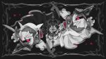  2boys broken_mask cape commentary_request dark_meta_knight gloves kirby_(series) looking_at_viewer male_focus mask meta_knight monochrome multiple_boys red_eyes user_gaje3724 