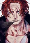  1boy black_coat chiyo_(@ch_falgar) closed_mouth coat coat_on_shoulders facial_hair highres looking_at_viewer male_focus one_piece parted_bangs red_eyes redhead scar scar_across_eye scar_on_face serious shanks_(one_piece) shirt short_hair solo white_background white_shirt 