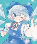  1girl ;) blue_background blue_bow blue_dress blue_eyes blue_hair blush bow cirno closed_mouth dress hair_between_eyes hair_bow ice ice_wings itomugi-kun one_eye_closed puffy_short_sleeves puffy_sleeves red_ribbon ribbon shirt short_hair short_sleeves simple_background smile snowflakes solo touhou white_shirt wings 