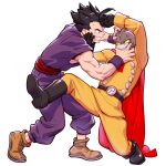  2boys absurdres android black_eyes black_gloves black_hair boots cape clenched_teeth colored_sclera dragon_ball dragon_ball_super dragon_ball_super_super_hero fighting gamma_1 gloves highres long_sleeves looking_at_another multiple_boys muscular muscular_male red_cape simple_background sleeveless son_gohan spiky_hair supobi sweatdrop teeth white_background yellow_sclera 