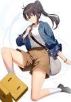  1girl bag black_footwear black_hair blue_jacket breasts brown_eyes brown_shorts closed_mouth commentary hair_between_eyes hair_ornament hairclip hand_up highres jacket loafers long_hair long_sleeves looking_at_viewer open_clothes open_jacket ponytail ririko_(zhuoyandesailaer) shirt shoes shorts shoulder_bag small_breasts smile socks solo suzume_(suzume_no_tojimari) suzume_no_tojimari white_shirt white_socks x_hair_ornament 